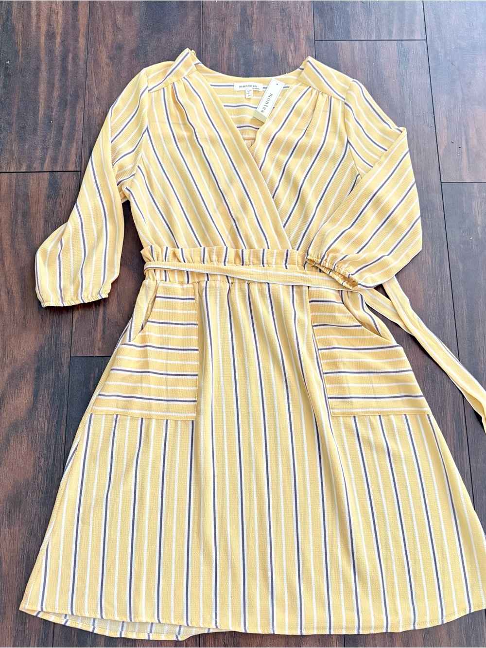 Monteau Yellow Striped Wrap Midi Dress Women’s Size Medium Tie WaistShort Sleeve